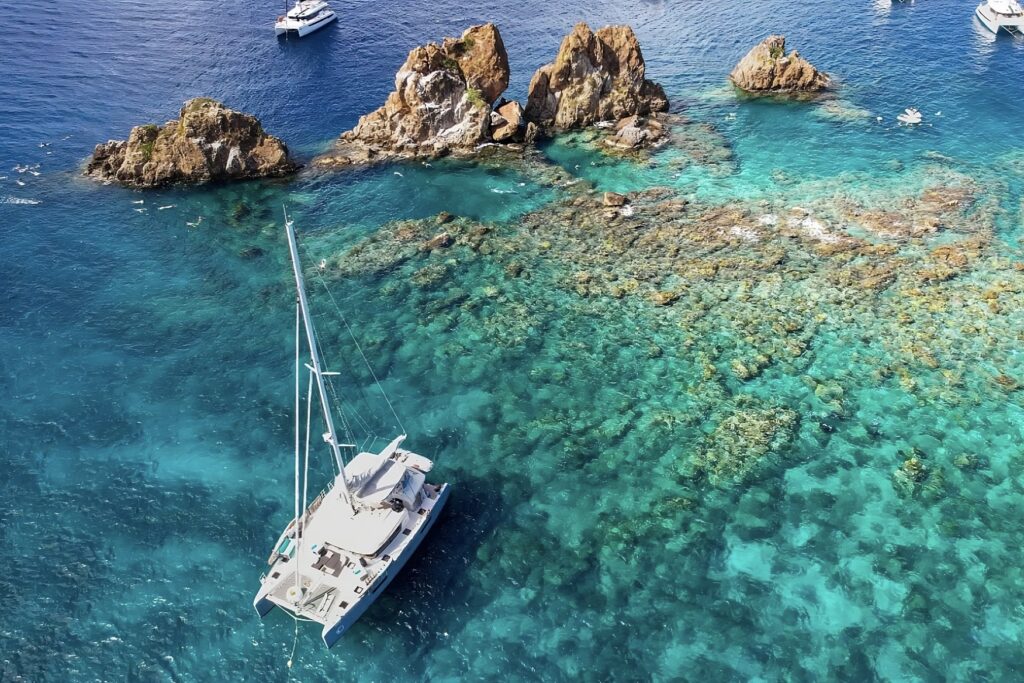 Charter Catamaran Liquid Zen moored at the Indians in the British Virgin Islands