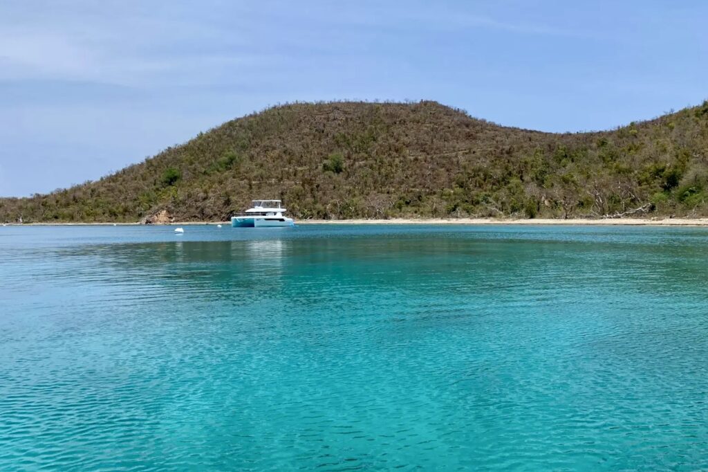 Power catamaran anchored in Benures Bay, Norman Island, BVI