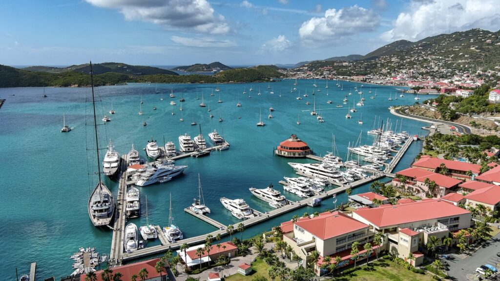 Charlotte Amalie, view from Yacht Haven Grande in the direction of the airport. Ferrys leaving from the dock on the far side of the harbor