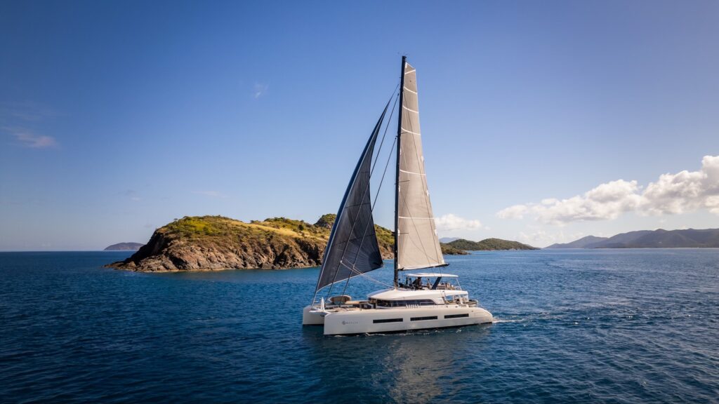 AEOLUS 77, a Lagoon Seventy 7, under full sail off the islands of the BVI