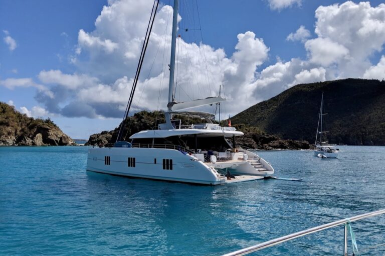 Catamaran anchored at Monkey Point, Guana Island