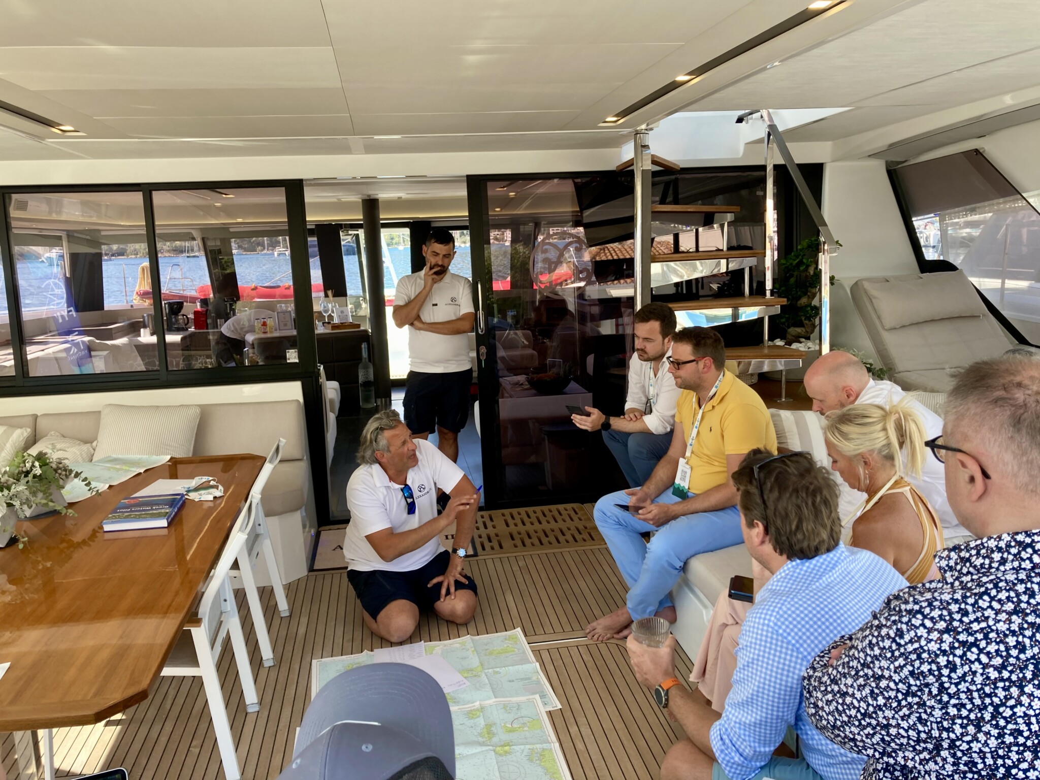 Captain Evan explains itinerary onboard Catamaran Alexandra II, at the East Med Yacht Show in Poros 2024