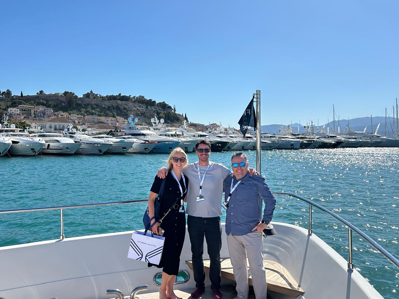 Charter Brokers Sarah, Louis and Chris, at MEDYS Yacht Show in Nafplion, Greece 2024 Charter Brokers Sarah, Louis and Chris, at MEDYS Yacht Show in Nafplion, Greece 2024
