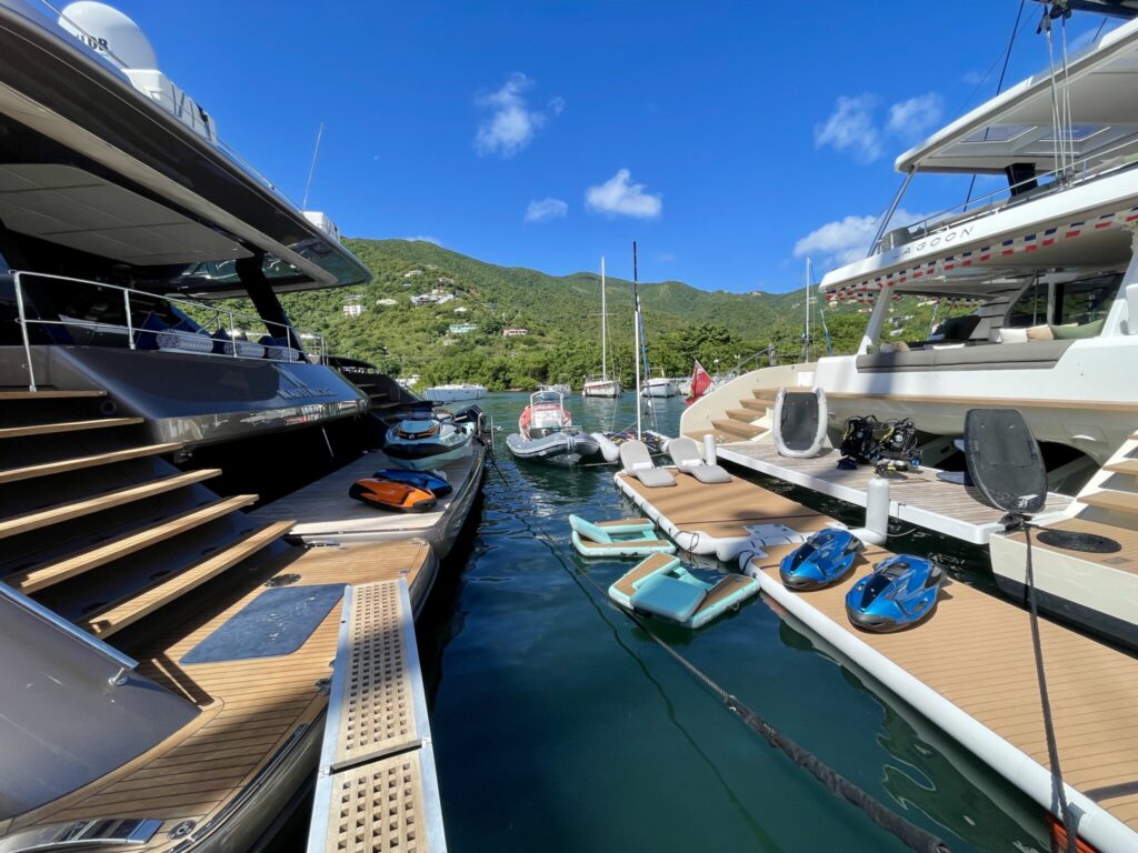 Catamaran NAUTI NICKEL and AEOLUS stern to stern at Nanny Cay, Tortola, BVI