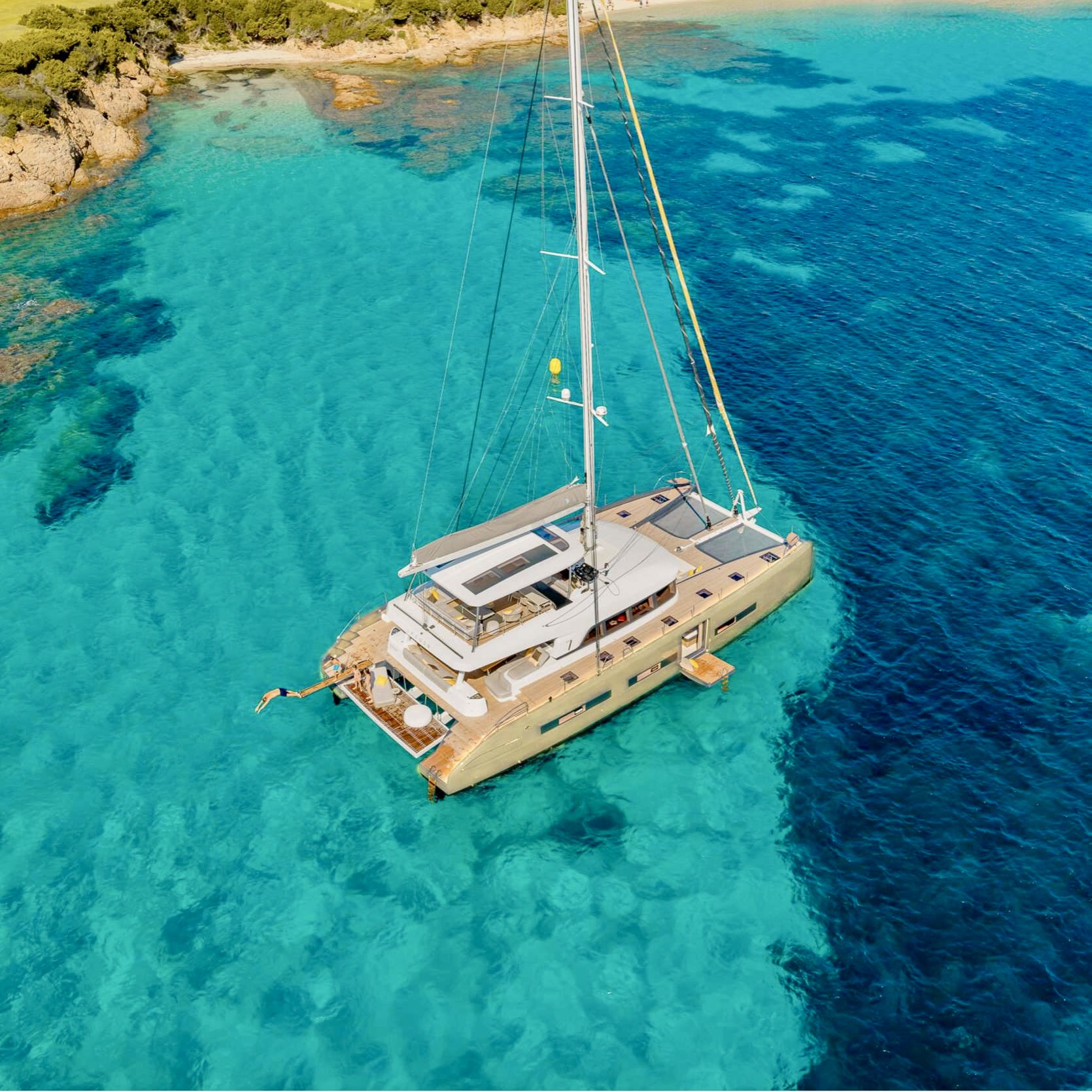 Drone shot of catamaran Aeolus on anchor in the British Virgin Islands