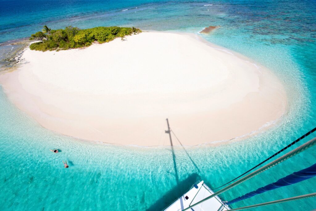 Sandy Spit from the top of the mast, BVI