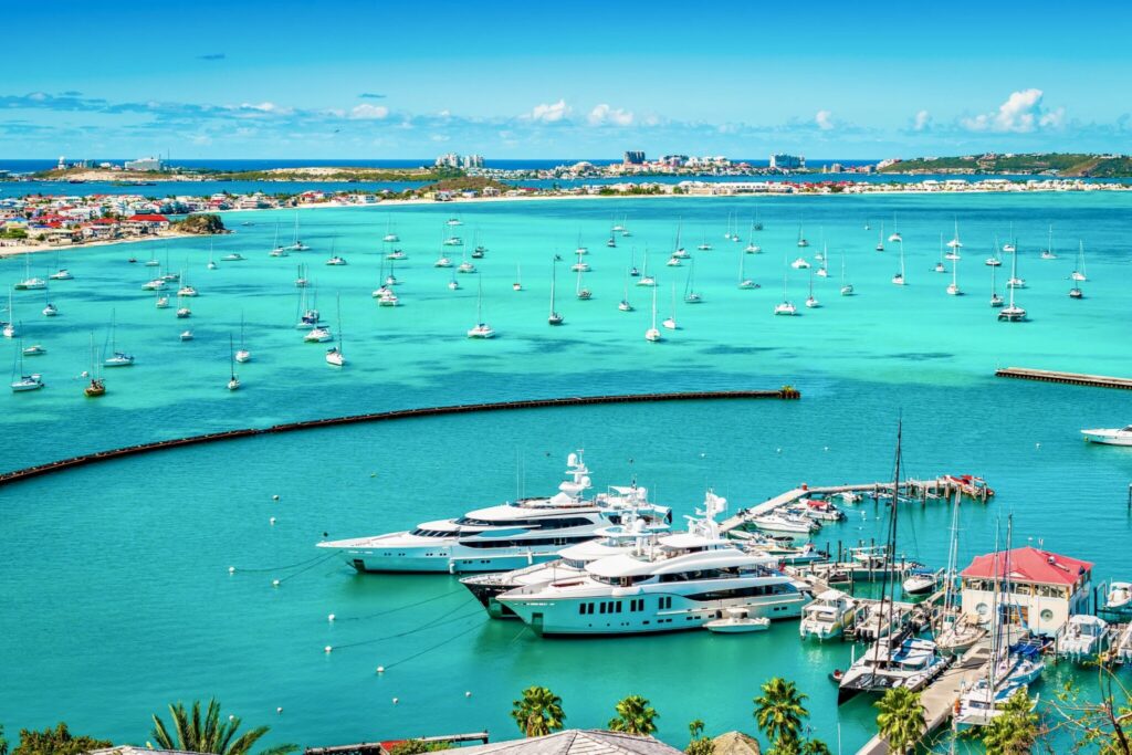 Superyachts docked at Marina in St Martin