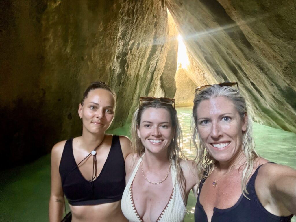 Klara, Susannah and Casey in the Cathedal of the Baths, Virgin Gorda, BVI