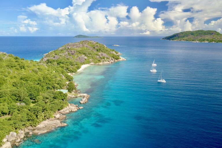 Aerial view of catamarans anchored in the British Virgin Islands