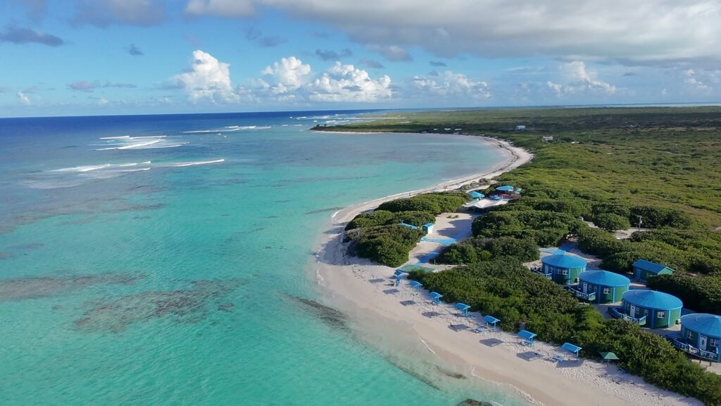 Anegada Beach Club tents and the reef line from the air, November 2025