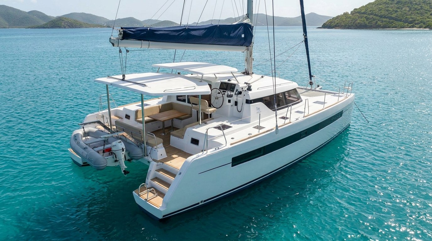 Aerial view of a 45ft class charter catamaran in the British Virgin Islands