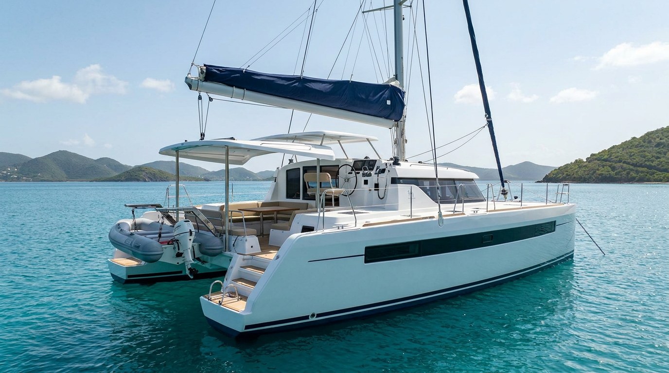 Representative 45ft crewed sailing catamaran at anchor in the BVI