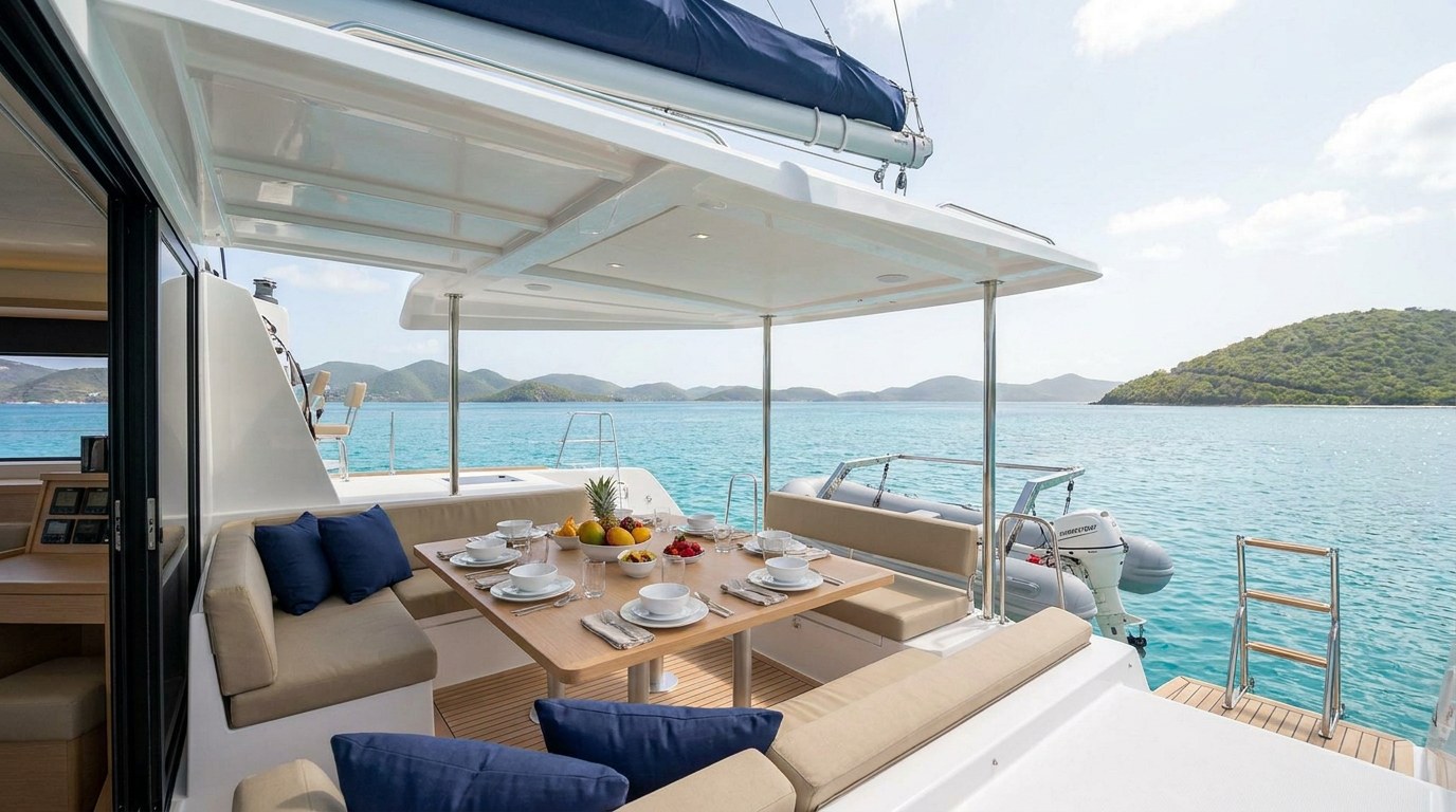 Aft cockpit dining for six on a 45ft class catamaran