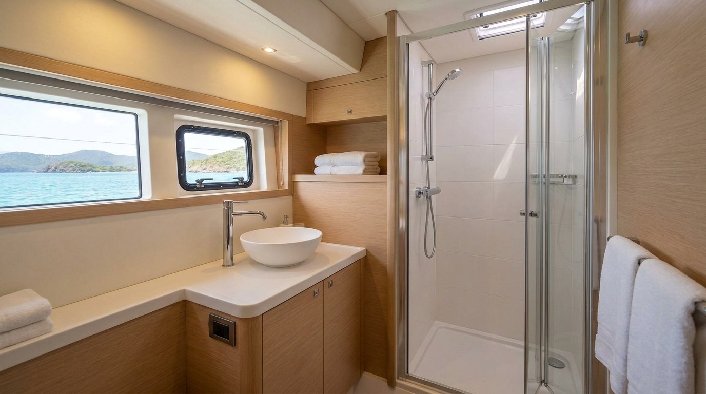 Ensuite bathroom on a 45ft class charter catamaran