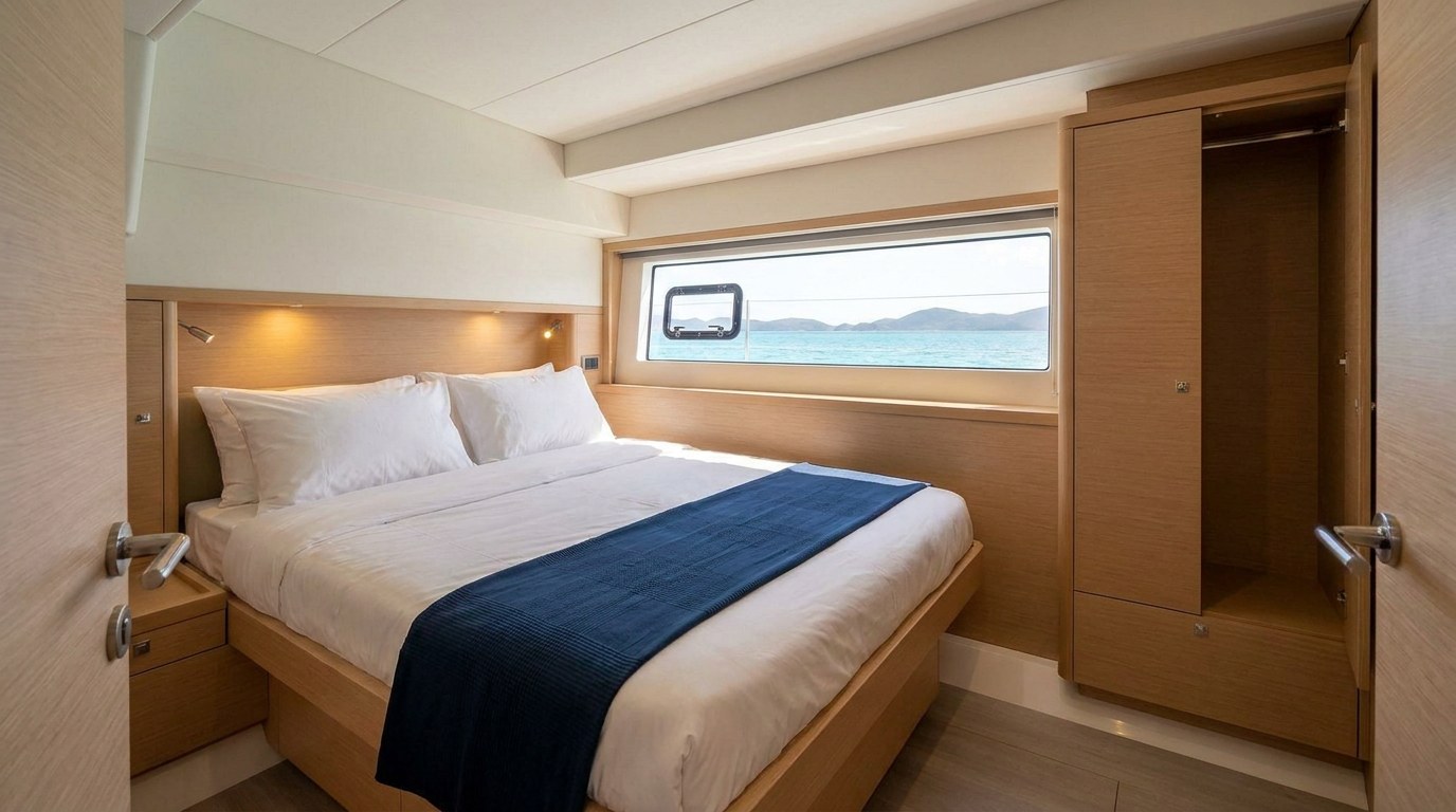 Queen guest cabin on a 45ft class charter catamaran