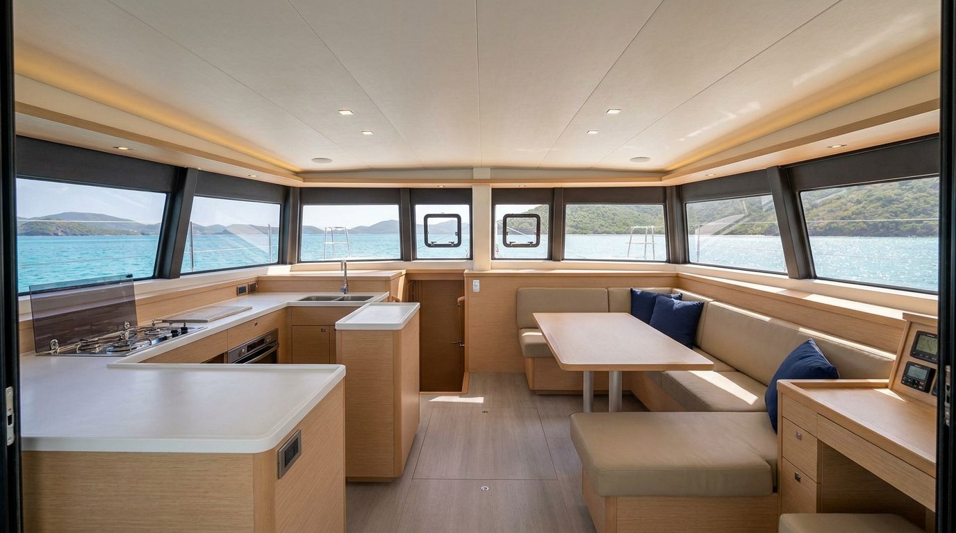 Saloon and galley of a 45ft class charter catamaran