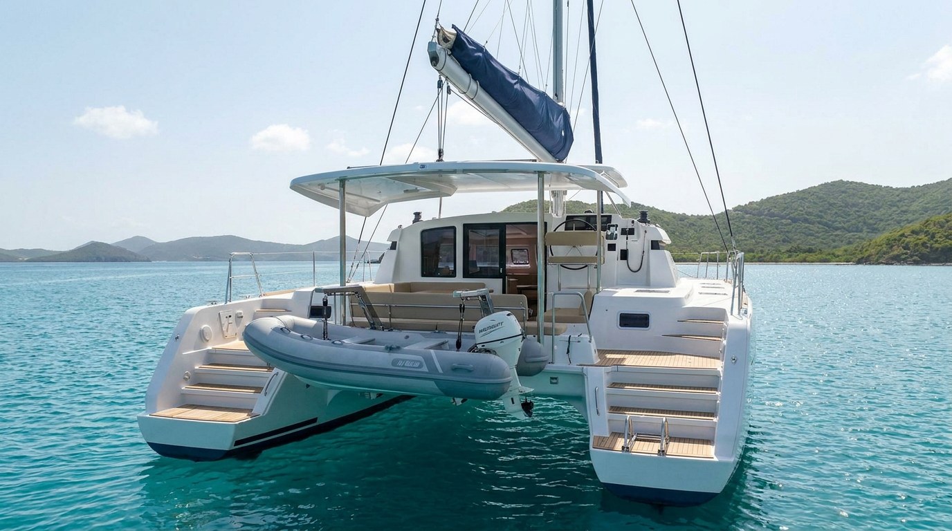 Transom steps and tender of a 45ft class charter catamaran