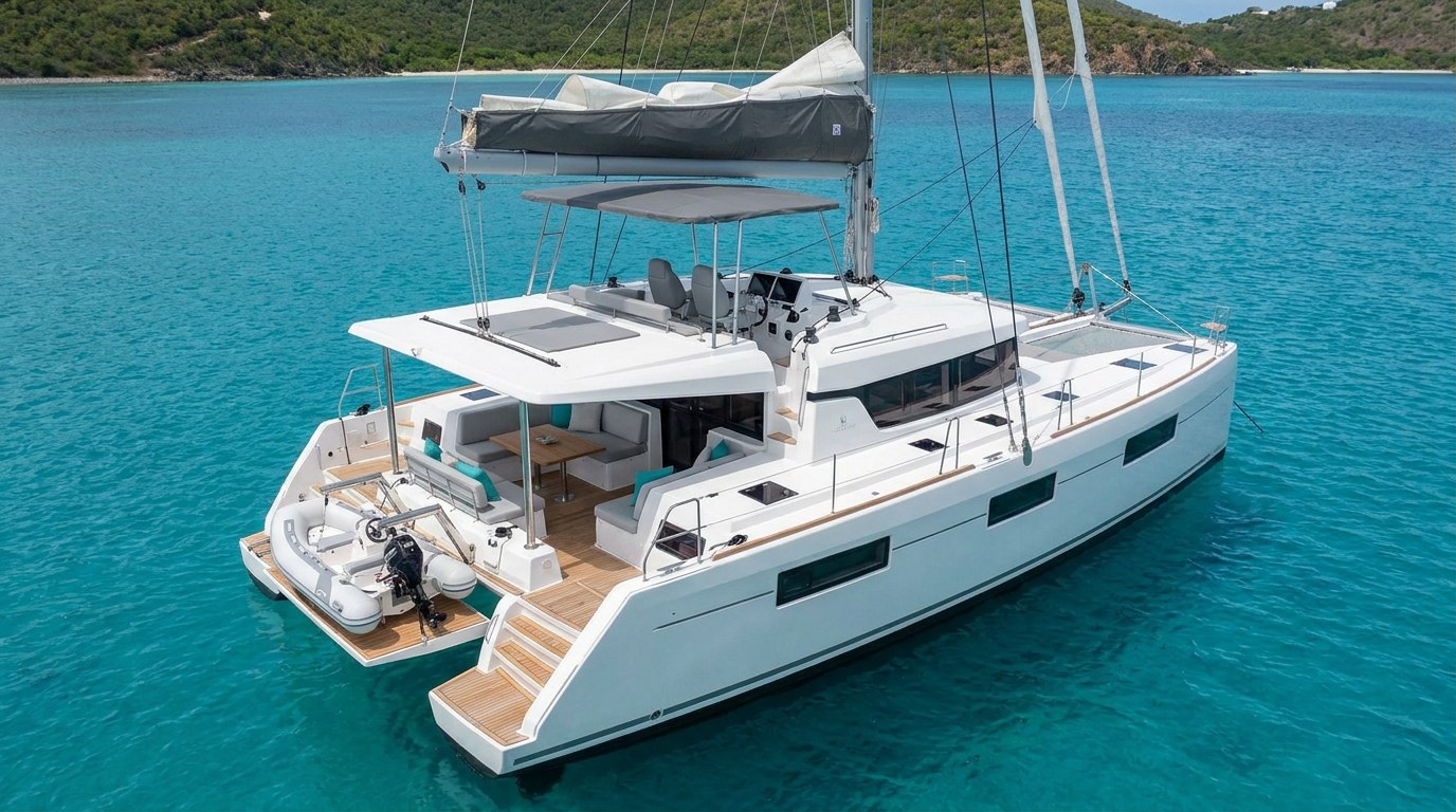 Aerial view of a 50ft class charter catamaran in the British Virgin Islands