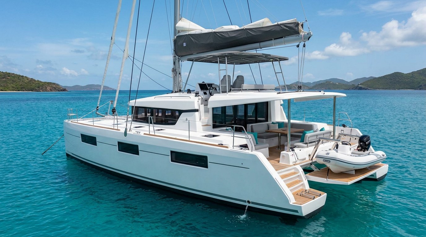 Representative 50ft crewed sailing catamaran at anchor in the BVI