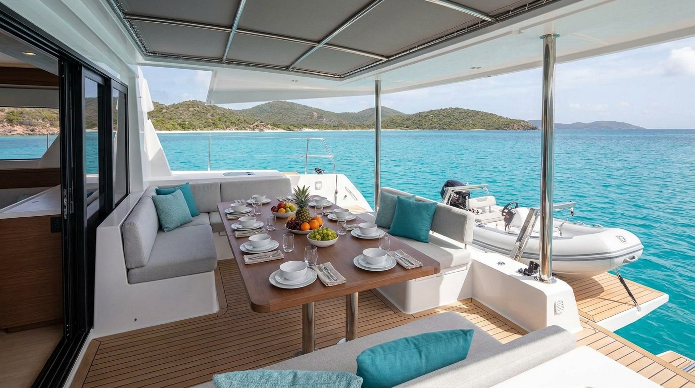 Aft cockpit dining for eight on a 50ft class catamaran