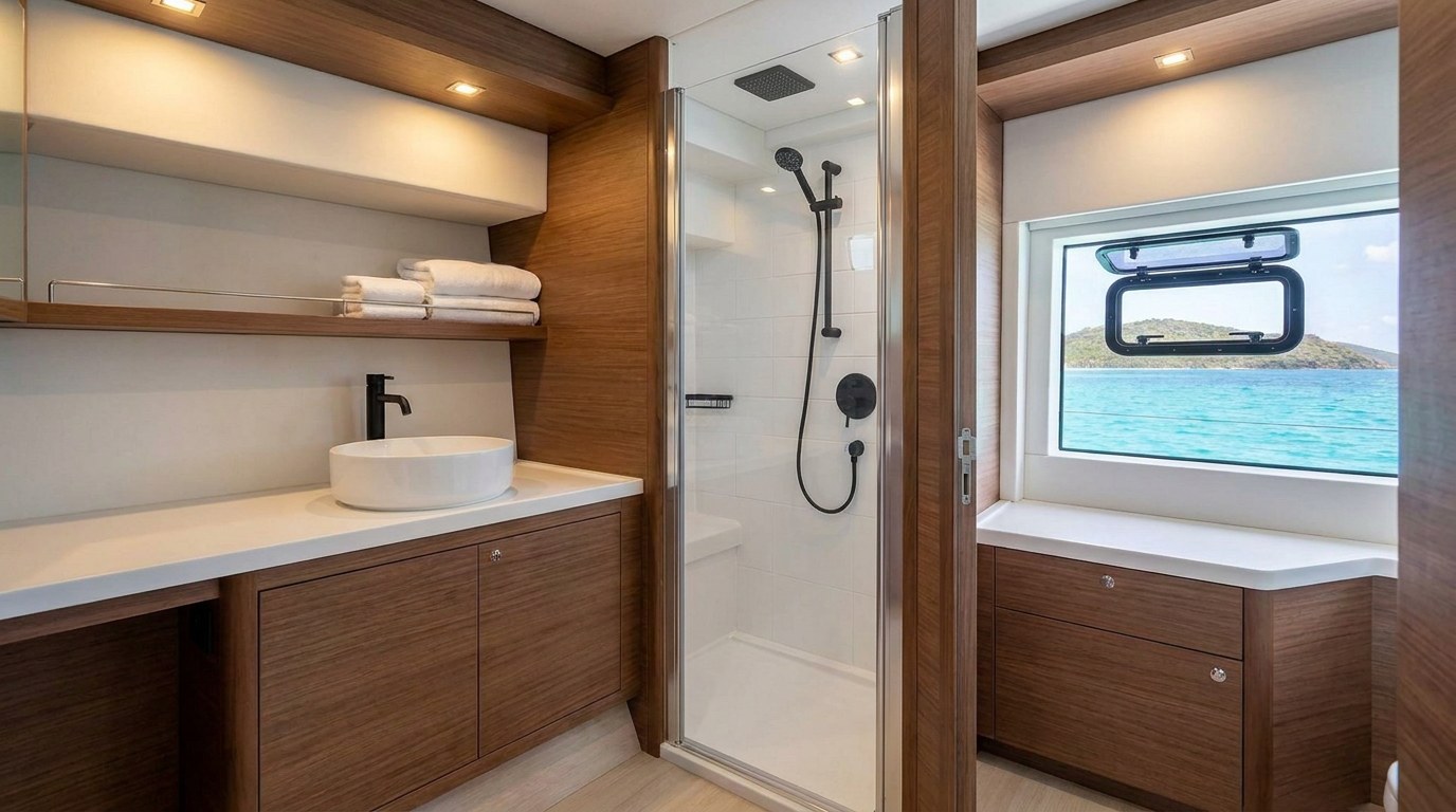 Ensuite bathroom on a 50ft class charter catamaran