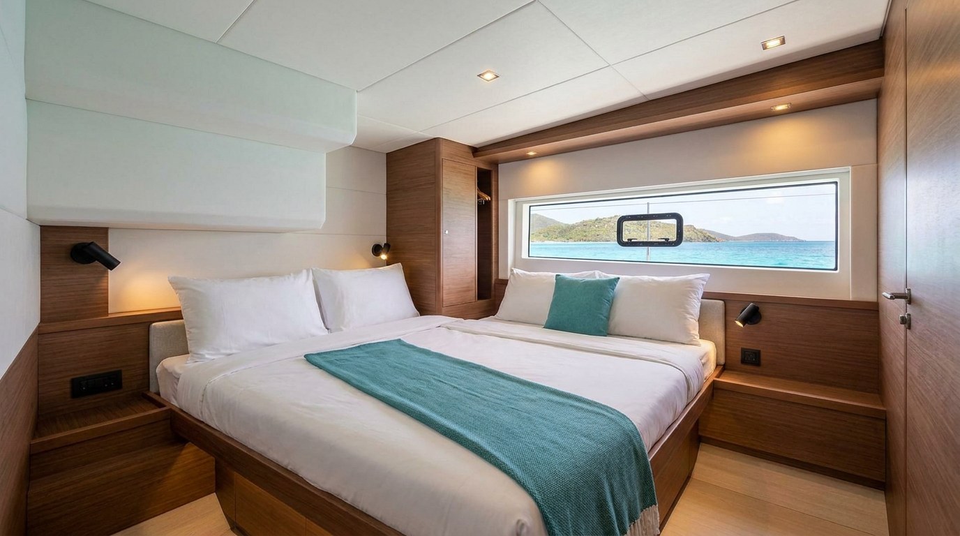 Queen guest cabin on a 50ft class charter catamaran