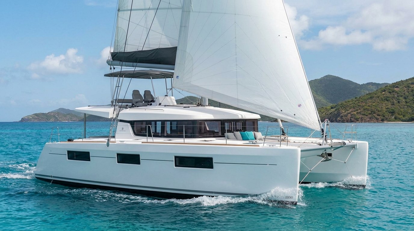 50ft class catamaran under sail in the BVI