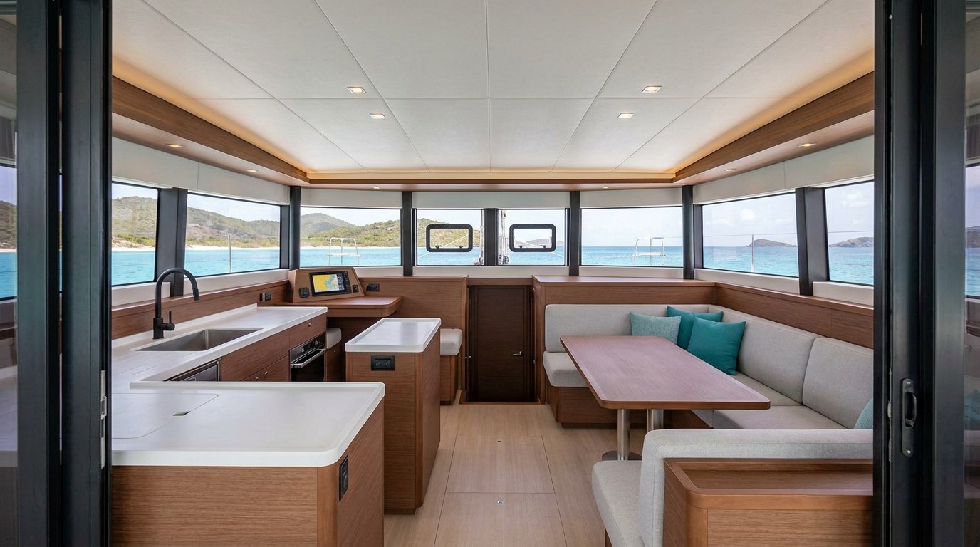 Saloon and galley of a 50ft class charter catamaran