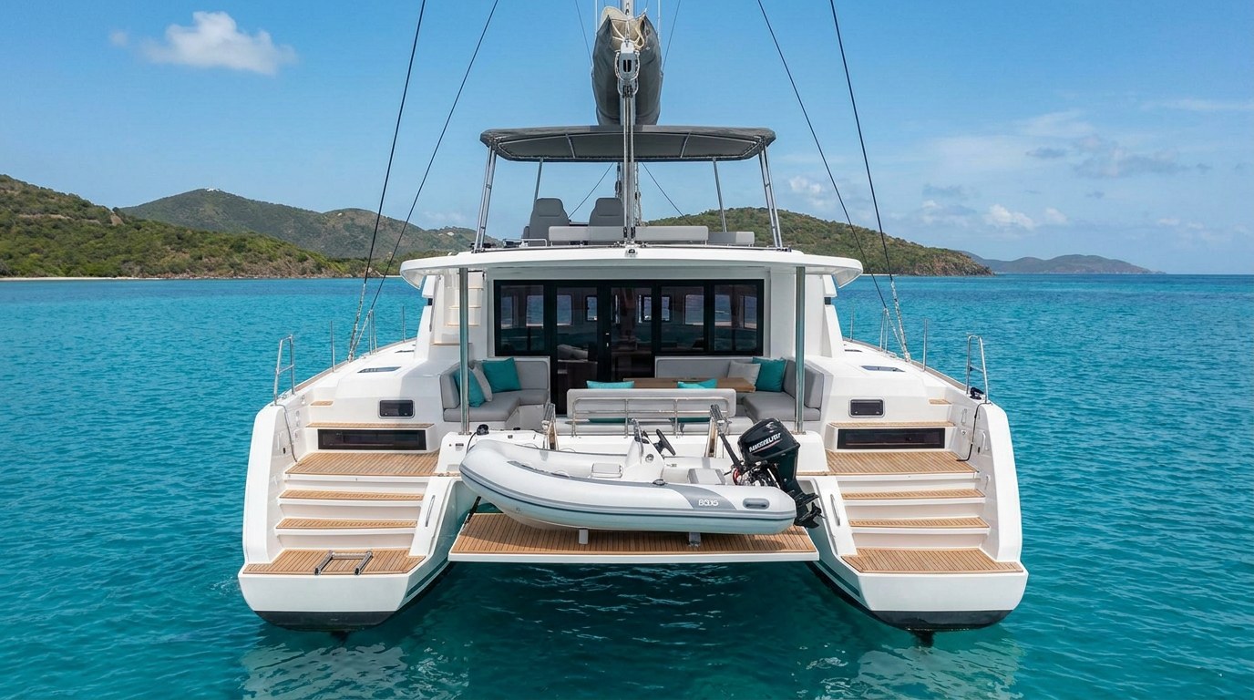 Transom steps and tender of a 50ft class charter catamaran