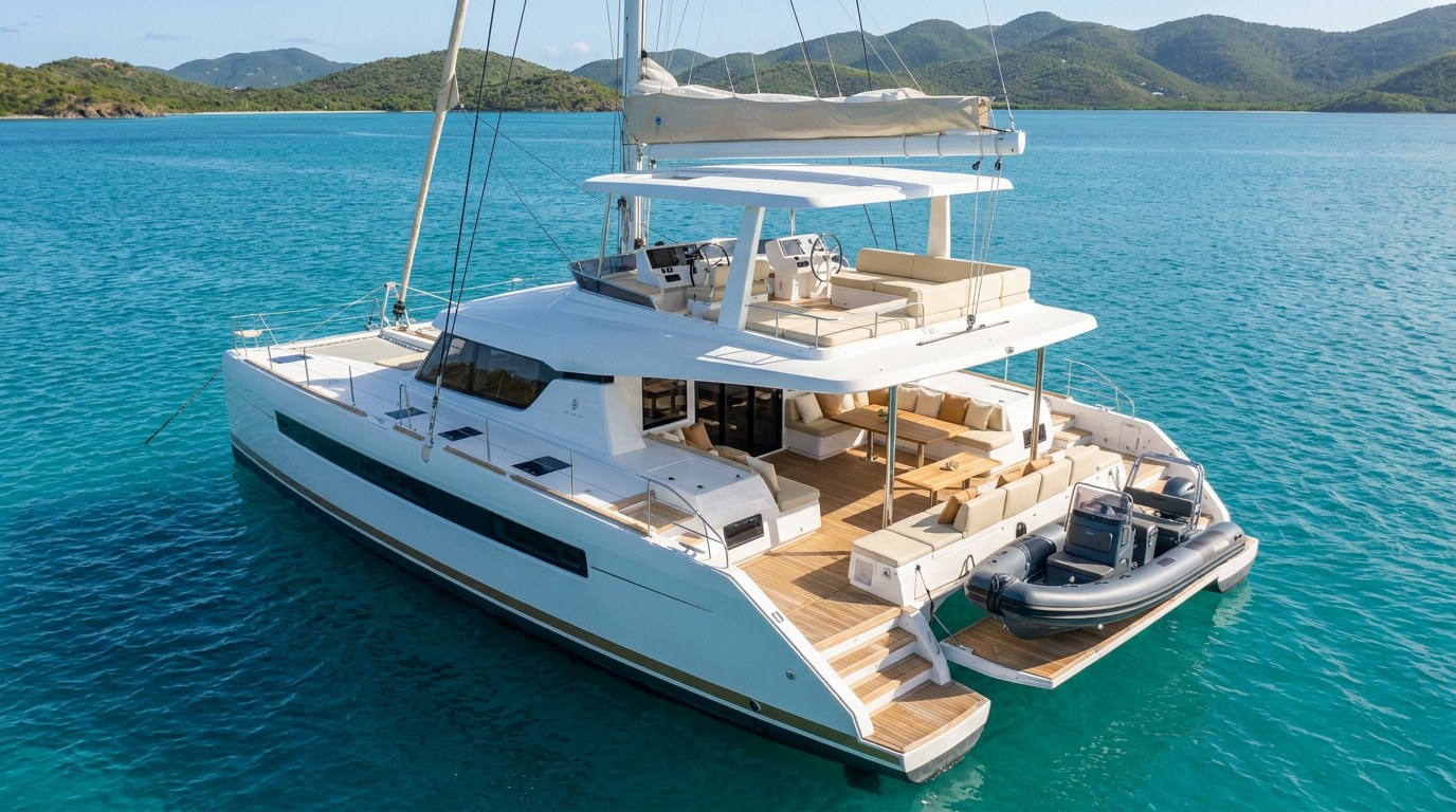 Aerial view of a 60ft class charter catamaran in the British Virgin Islands