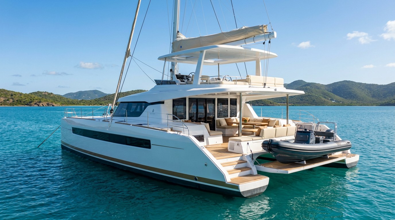 Representative 60ft crewed sailing catamaran at anchor in the BVI