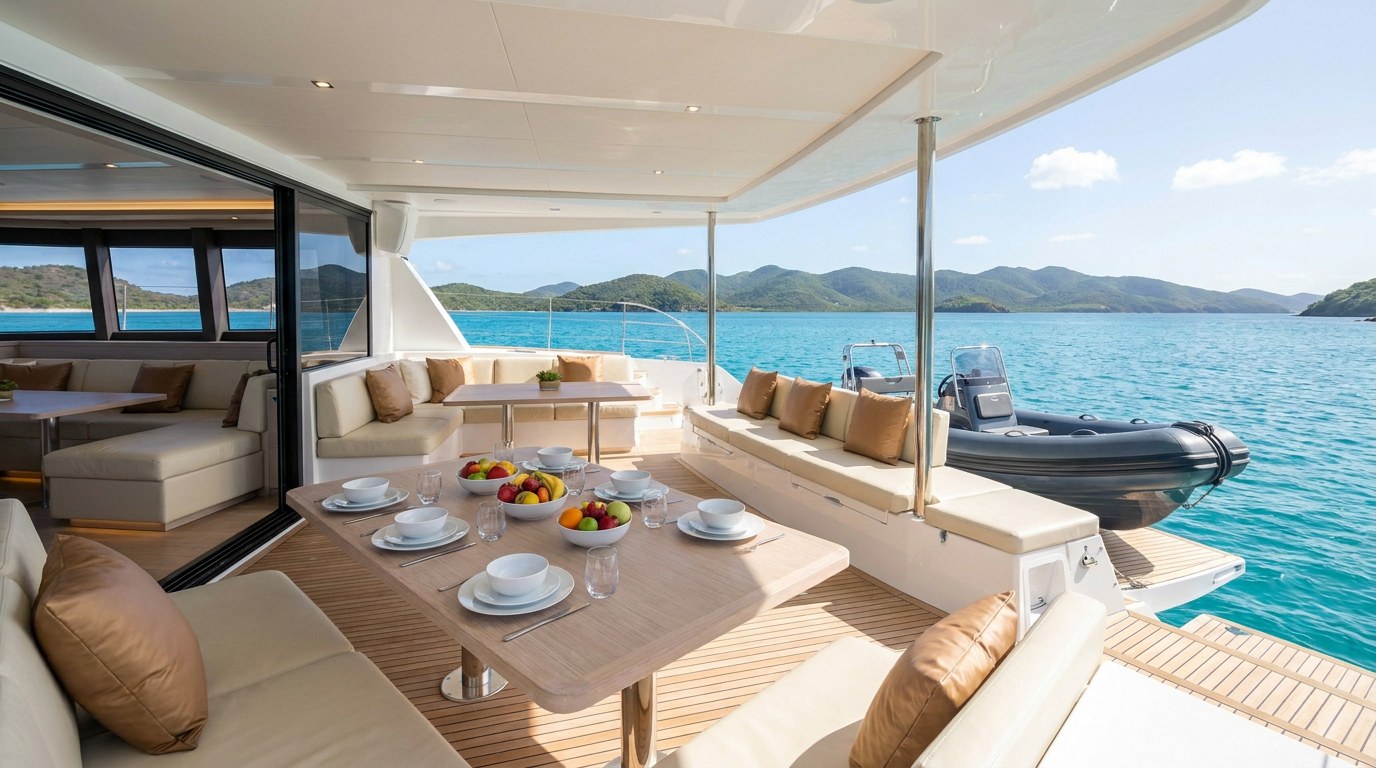 Aft cockpit dining for eight on a 60ft class catamaran