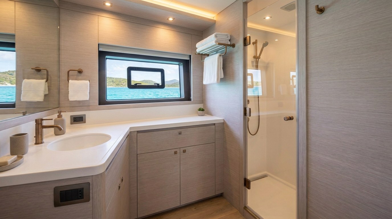 Ensuite bathroom on a 60ft class charter catamaran