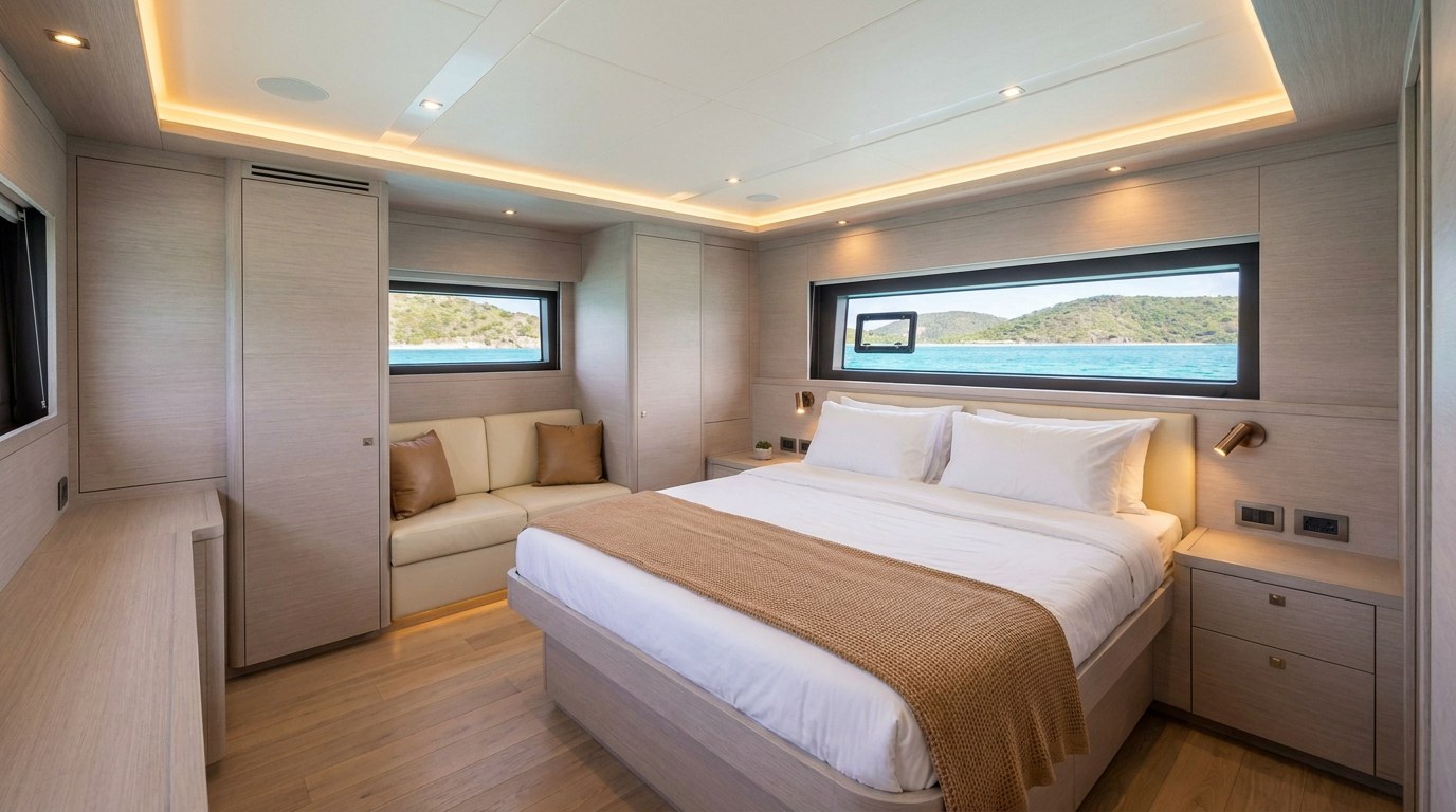 Queen guest cabin on a 60ft class charter catamaran