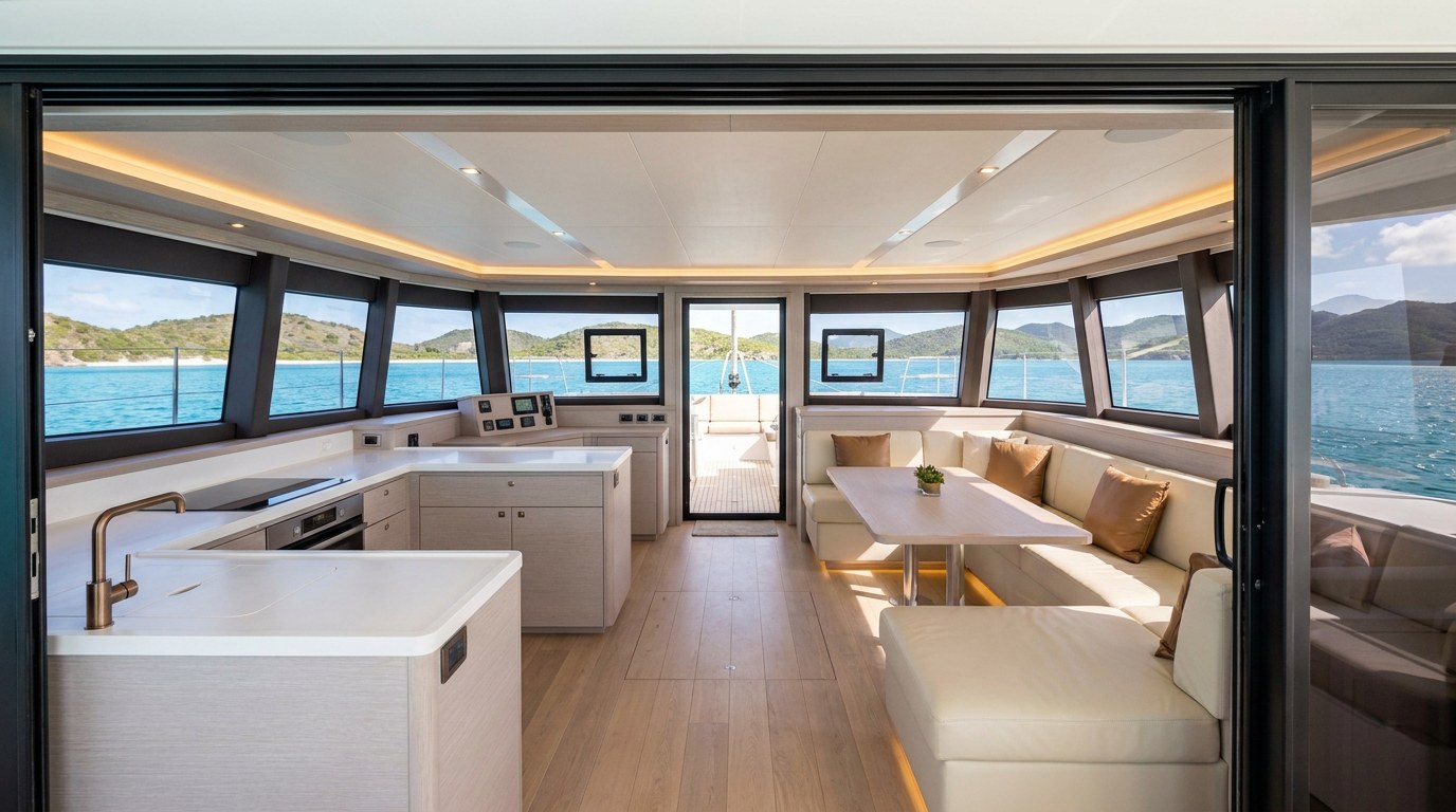 Saloon and galley of a 60ft class charter catamaran