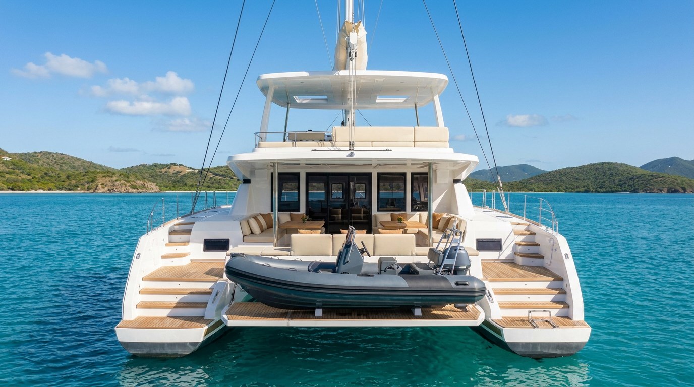 Transom steps and tender of a 60ft class charter catamaran