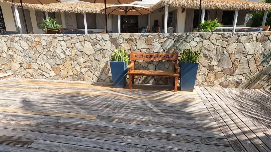 The boardwalk and welcome sign at Cooper Island Beach Club, November 2025