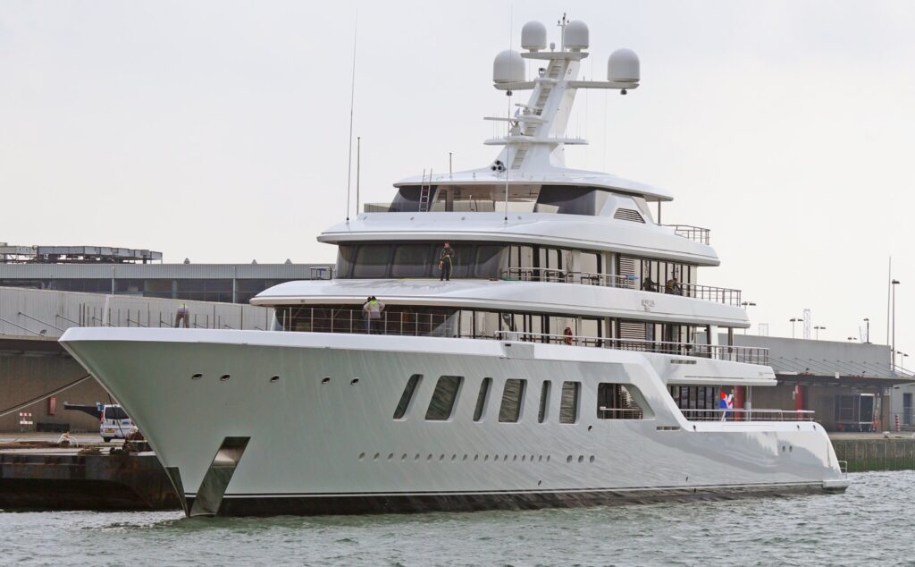 AQUARIUS, the 92 m Feadship superyacht, moored at a quay