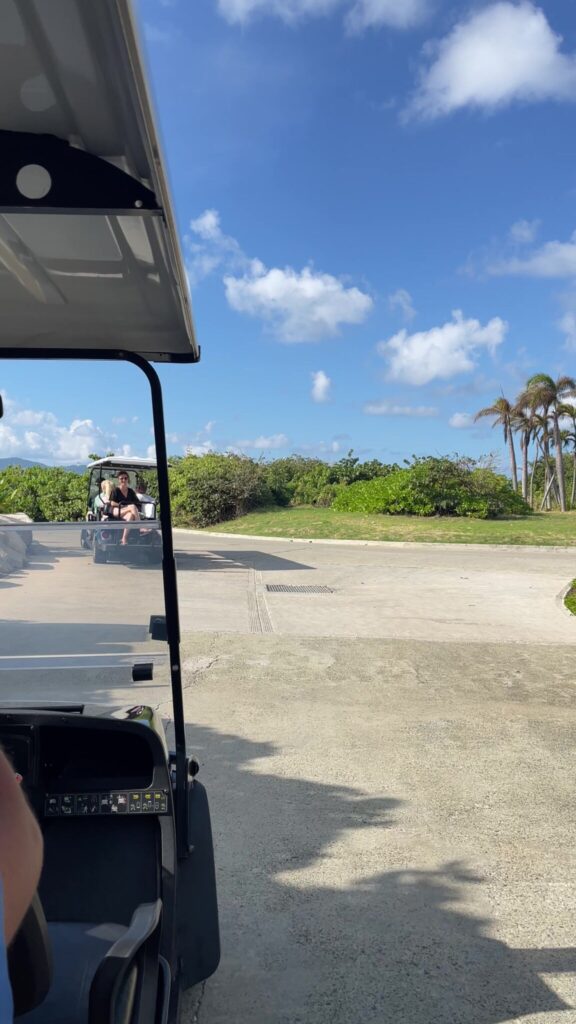 Golf carts on the island tour at Peter Island Resort, November 2025