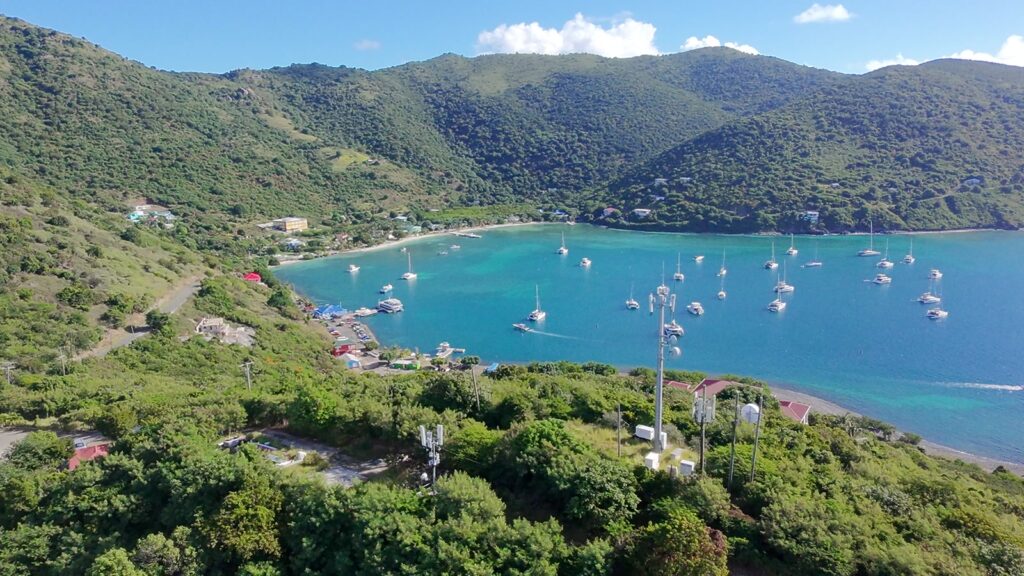 Great Harbour on Jost Van Dyke from the air, the mooring field and Foxy's on the beach, November 2025