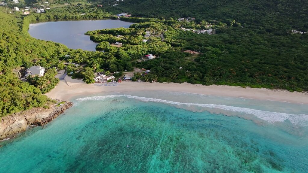 Josiah's Bay surf beach with the salt pond behind it, Tortola, from the air, November 2025
