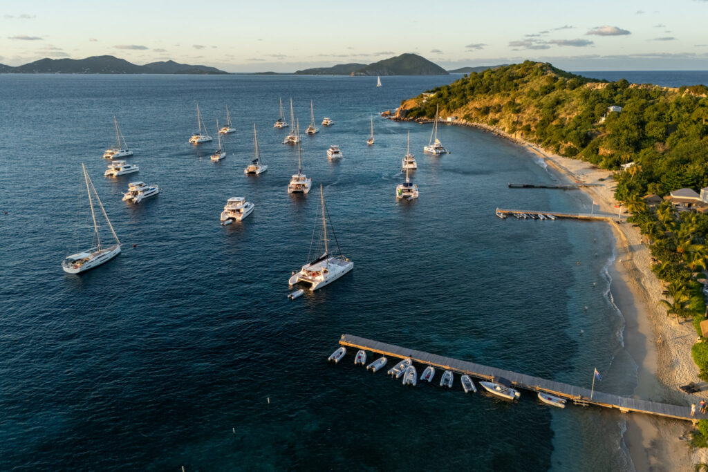 Yachts at anchor off Cooper Island at sunset, British Virgin Islands
