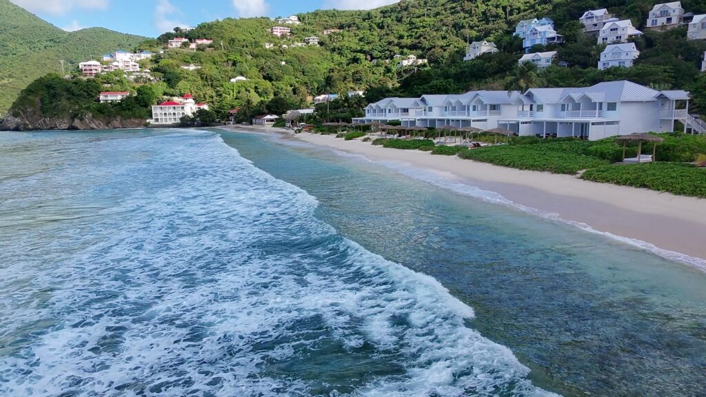 Long Bay beach and Long Bay Beach Resort on Tortola's north shore, from the air, November 2025