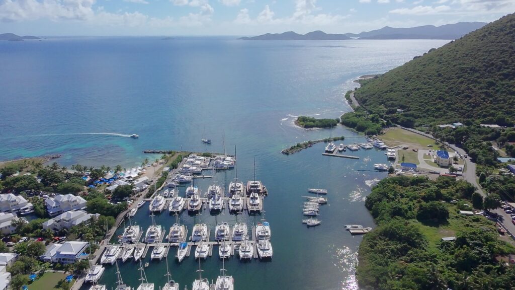 Nanny Cay marina seen from the sea with the Drake Channel islands behind, Tortola, November 2025