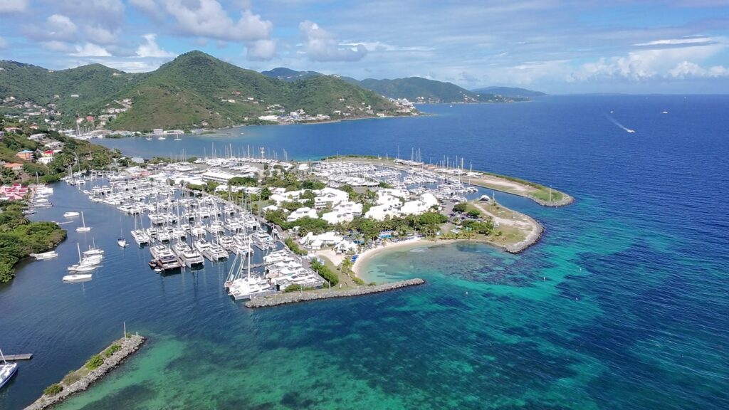 Nanny Cay marina and breakwater, Tortola, from the air, November 2025