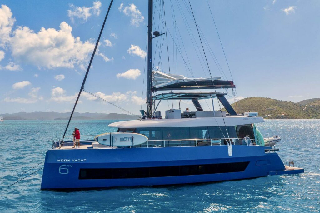 Crewed catamaran PERFECT MOON at anchor in the BVI