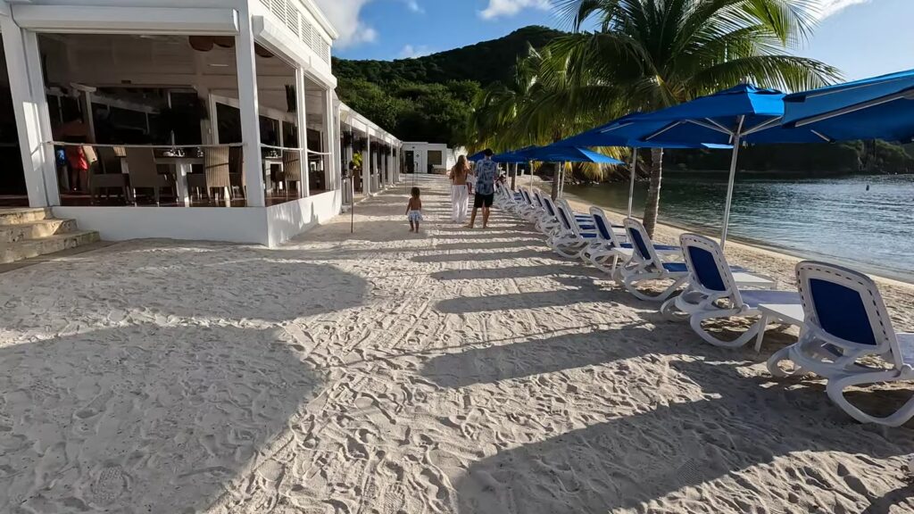 Loungers and umbrellas at Pirates Bight, Norman Island, November 2025