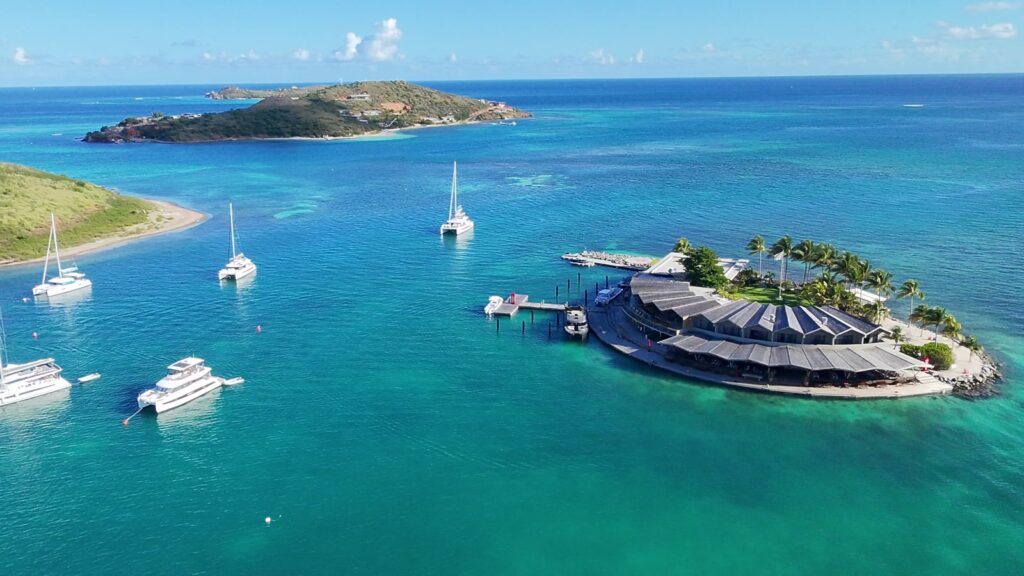 Saba Rock and the North Sound of Virgin Gorda from the air, November 2025