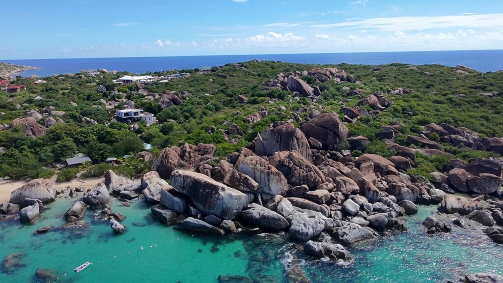 Aerial over the boulder field at The Baths, Virgin Gorda