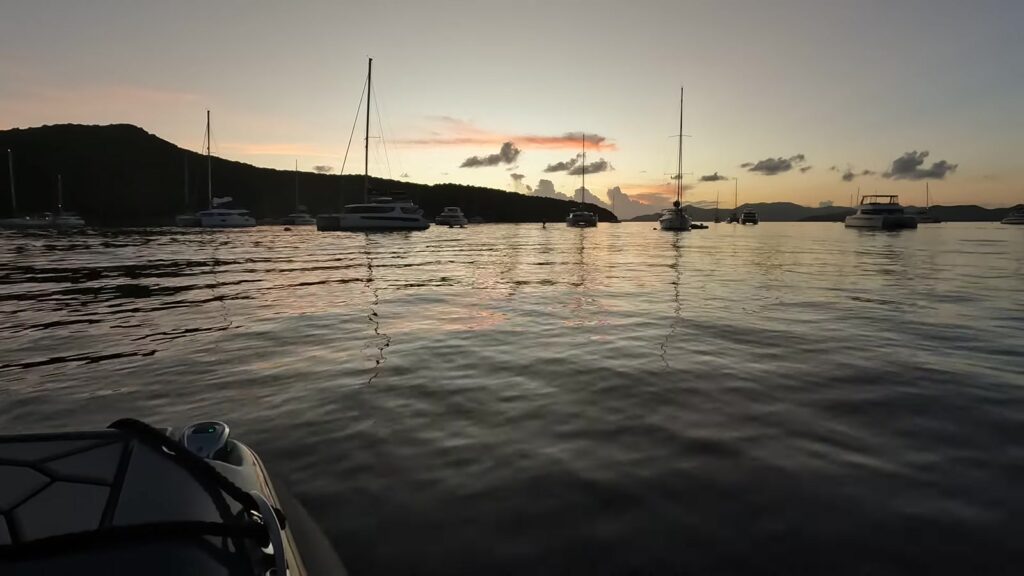 The anchorage in the Bight at sunset, seen from the tender, Norman Island, November 2025